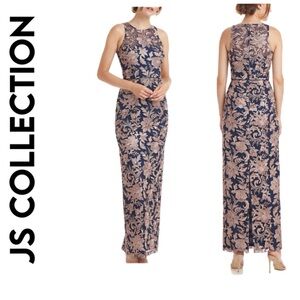 JS Collections NWT Navy and Latte Floral Lace Sleeveless Maxi Gown